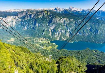 Aerial view of Bohinj lake from Vogel cable Voyage en Slovénie - Randonnée Au Cœur Des Merveilles Slovène