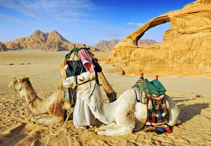Bedouin man and his camels in the desert of Wadi Rum Voyage en Jordanie - Immersion locale