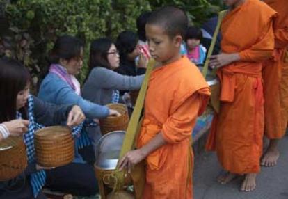 Offrandes matinales aux moines à Luang Prabang